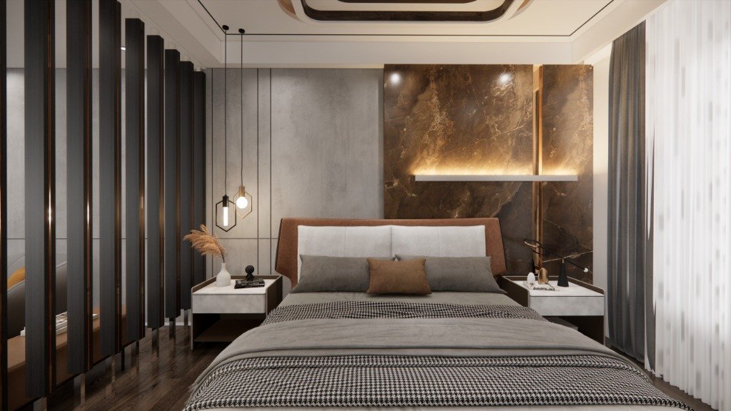 Modern Luxe Bedroom with Marble & Louvers - Santra Interiors